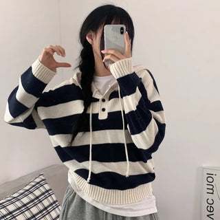 [Loose Fit] Cozy, Striped Long Sleeve Hooded Knit (4 colors)