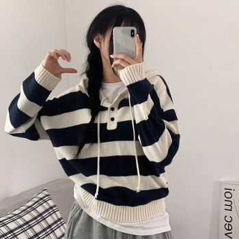 [Loose Fit] Cozy, Striped Long Sleeve Hooded Knit (4 colors)