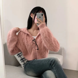 [Spring ver./Avant-garde Fit] Pine Needle Cable Knit Crop Zip-up Hoodie Cardigan (6 colors)