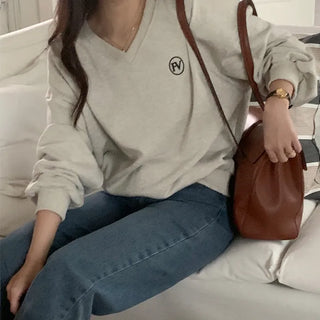 Embroidered Lettering Loose Fit V-Neck Sweatshirt