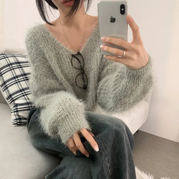 [Delicate Fit/New Spring Arrival] Angora Pine Needle Feather V-Neck Knit (8 colors)