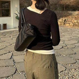 Asymmetrical ribbed two-way long-sleeve tee