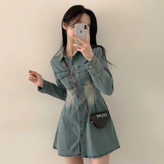 Spring-Heraling Denim Collar Pocket Pintuck Vintage Washed Shirt Mini Dress