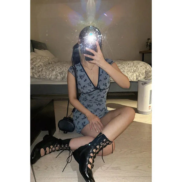 Velvet floral deep V-neck mesh mini dress