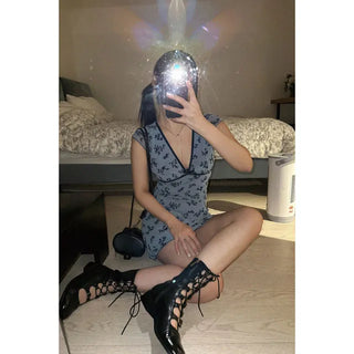 Velvet floral deep V-neck mesh mini dress