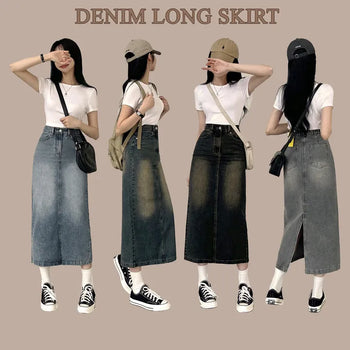 A 365-Day Must-Have! High-Waisted Vintage Washed Denim Long Skirt with Back Elastic Waist and Back Slit