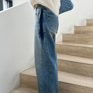 Side Cut Washed Low-Rise Wide Denim Pants S, M - 1 color