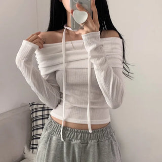 [Feminine/Heartthrob] Romi Off-Shoulder Choker Crop Long Sleeve T-shirt (4 colors)