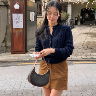 Mylar Wool Alpaca Cable Knit Round Neck Cardigan