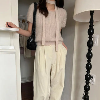 Fur scarf tie muffler short sleeve knit 2 colors