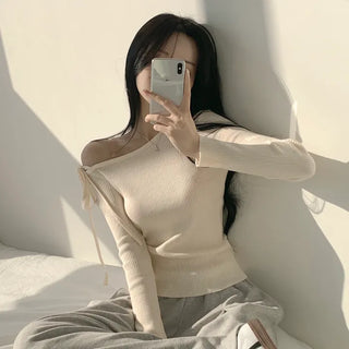 Subtle Colors, Asymmetrical Off-Shoulder Strap Ribbed Slim Knit Long Sleeve T-shirt