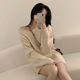 Protective Instinct Loose Fit, V-Neck Cable Knit Wool Mini Dress