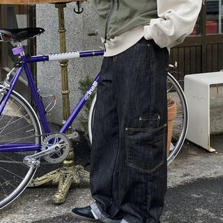 Rivet Double Pocket Cargo Raw Black Denim / S - L / Fabric that does not transfer color.