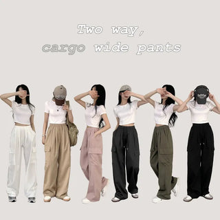 High-waisted Elastic Pintuck Cargo Pocket Two-Way Training Wide Pants to Wear Until Summer