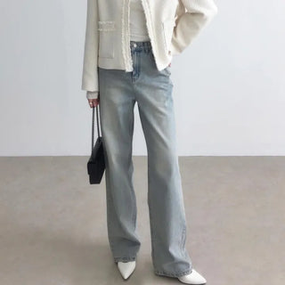 Vintage light wash loose fit high-waisted denim for tall women transitional season