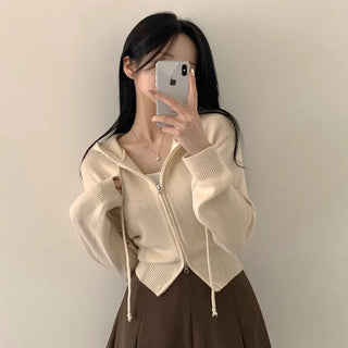 Guaranteed Prettyღ, Plain Hooded Cropped Cardigan Knit Zip-up