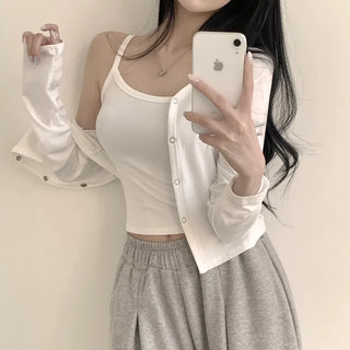 Delicate~ Totto Plain V-neck Cropped Long Sleeve Cardigan + Cropped Sleeveless Two-Piece Set