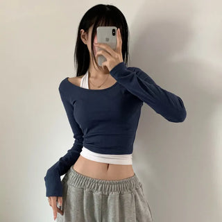 [Deep Round Neck ver.] Fix Crop Plain Basic Long Sleeve T-shirt (6 colors)