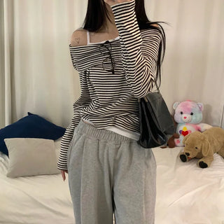 [Delicate Fit] Button Striped Off-Shoulder T-Shirt (2 colors)