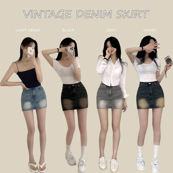 High-waisted vintage washed denim mini skirt with captivating colors