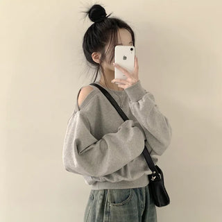 Effortless Chic, Plain Round Asymmetrical Slit Loose Fit Sweatshirt