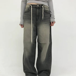 Wide denim pants with strap details (2 colors)
