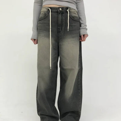 Wide denim pants with strap details (2 colors)
