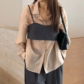 Bay Loose Fit Oversized Tencel Layered See-through Long Sleeve Shirt Blouse