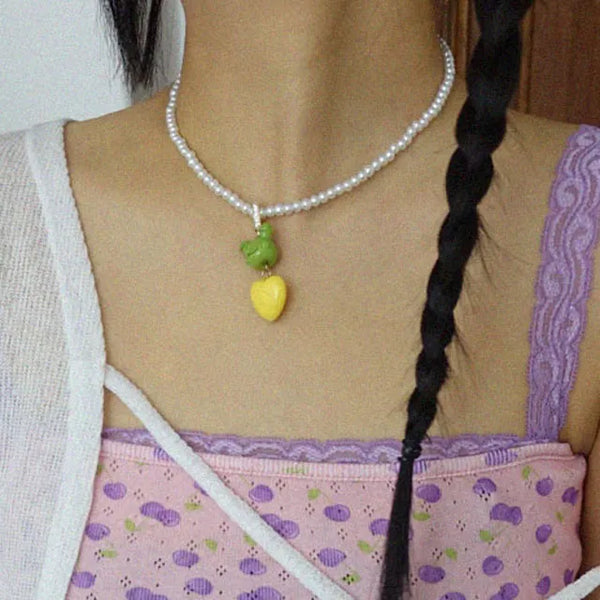 Cute Frog Pendant Pearl Necklace
