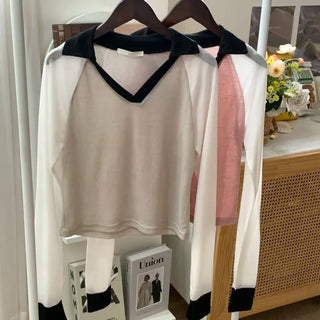 Contrast See-through Tencel Raglan Collar T-shirt