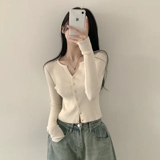Pleasant fit, Ribbed Slim Fit Cropped Long Sleeve Knit Cardigan