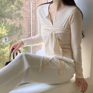 Delicate Fit Layered Ribbon Wrap Long Sleeve T-shirt  Spring T-shirt Slim Fit Inner Tee