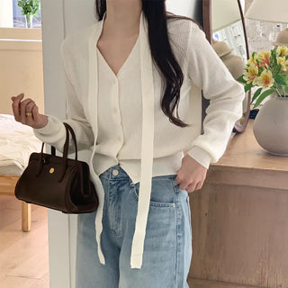 V-neck Ribbed Tie Cardigan