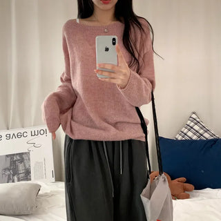 [25% Wool/Delicate Fit] Basic Loose Alpaca Off-Shoulder Long Sleeve Knit (5 colors)