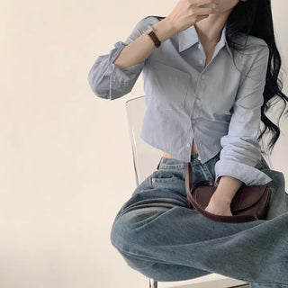 Subtle Pastel Tones, Plain Collar Pocket Crop Long Sleeve Shirt