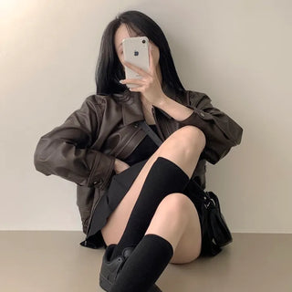 Trendy Mood, Collar Pocket Matte Boxy Leather Jacket