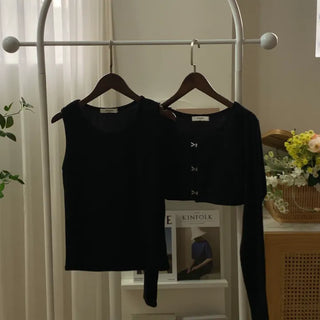 Crop Buckle Cardigan + Round Sleeveless Set