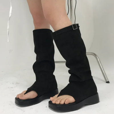 Suede Shirred Flip-flop Boots (2 colors)