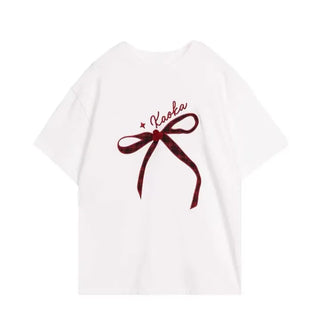 Unique Check Ribbon Loose Fit Short Sleeve T-shirt