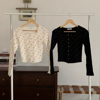 Flower Square Neck Snap Button Ribbed Cardigan