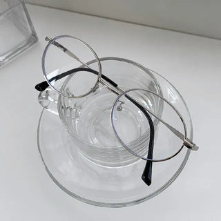Demur Look Item◈Silver Metal Glasses Geek Chic Round Oval Nerd Look Round Frame