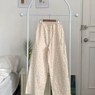 Cozy Flower Small Floral Print Elastic Waist Wide Straight Pants