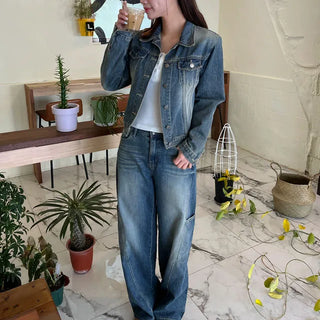 Matching Set Cargo Diagonal Cut Wide Denim Pants S, M, L - 1 color