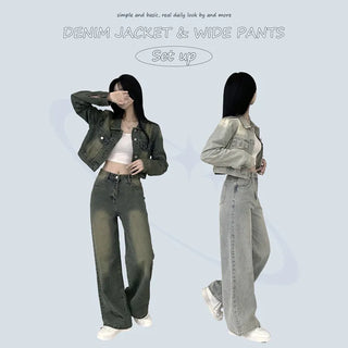 Vintage Denim Crop Jacket + Denim Wide Pants Two-Piece Set to enjoy alone or as a set