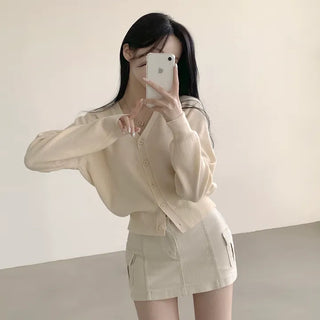 Slimming V-Neck Plain Cropped Long Sleeve Knit Cardigan