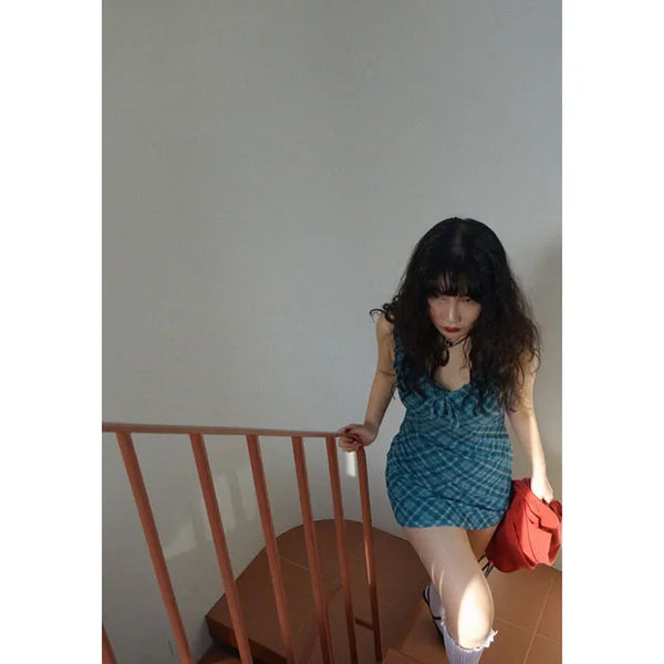 Evergreen check ribbon mini dress