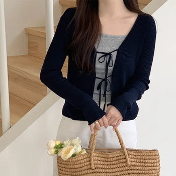 Ribbon Ribbed Bolero Cardigan