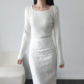 Two-way ribbed square neck knit, reversible delicate fit boat neck