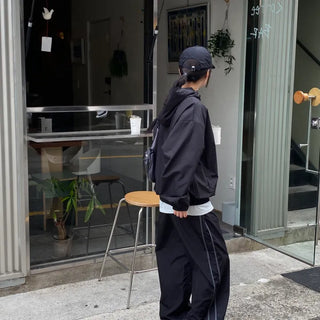 Two Side Piping Nylon Pants / 2 Colors / Drawstring Hem
