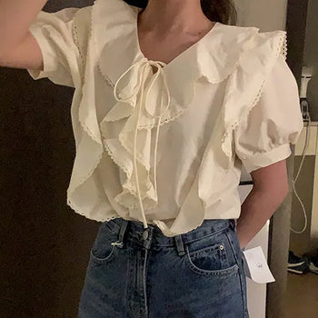 Yorin Blouse/Lace Blouse/Ruffle Blouse/Ribbon Blouse/Strap Blouse/Puff Short Sleeve Blouse
